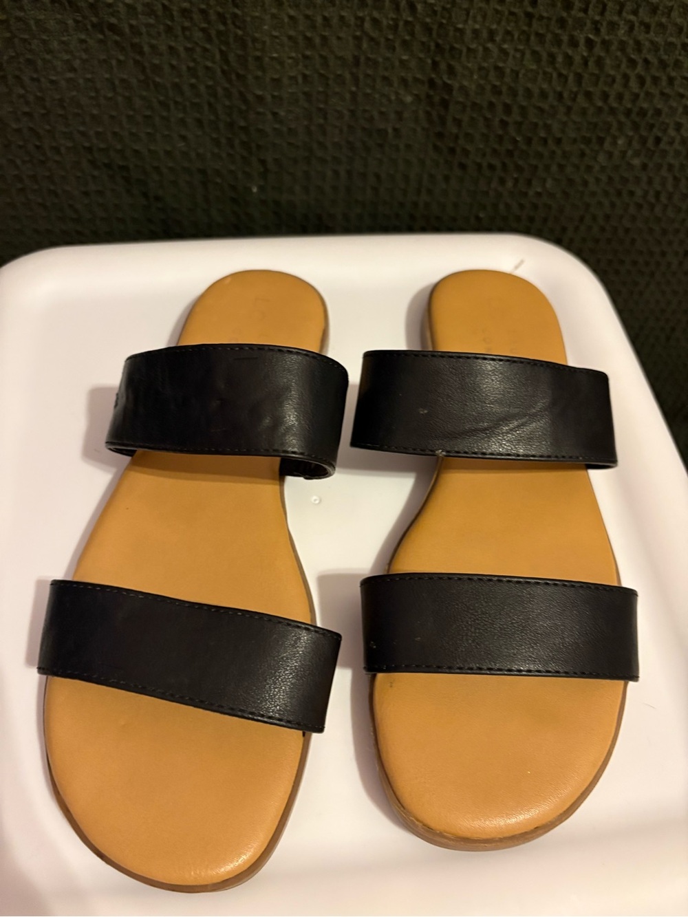 LC Lauren Conrad Black Double-Strap Slide Sandals with Tan Footbed